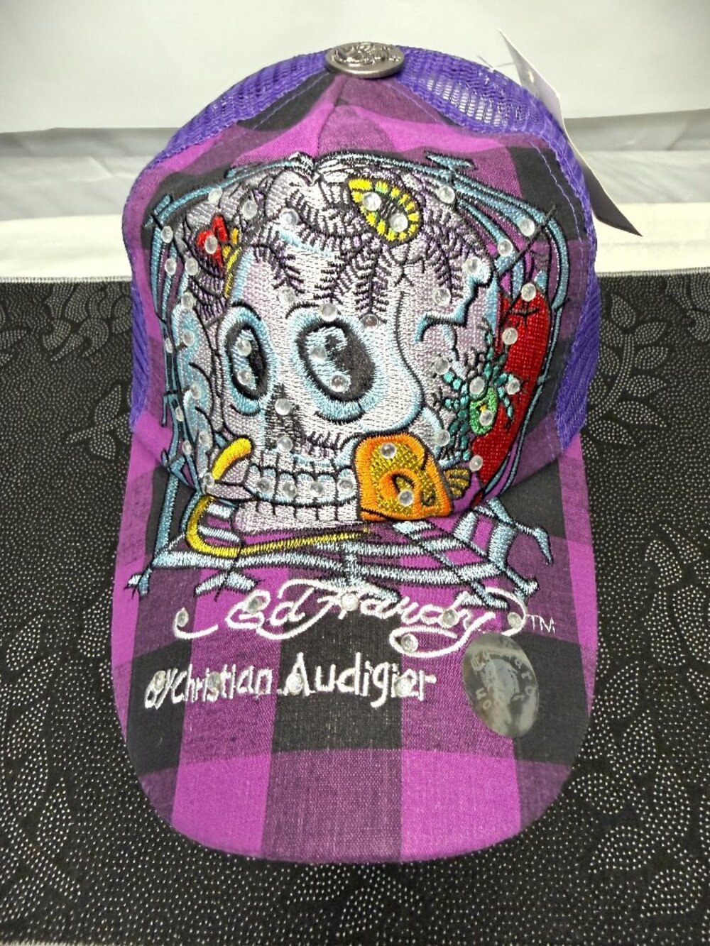 Ed Hardy  Christian Audigier   Skull  Trucker Hat Purple Plaid       NWT